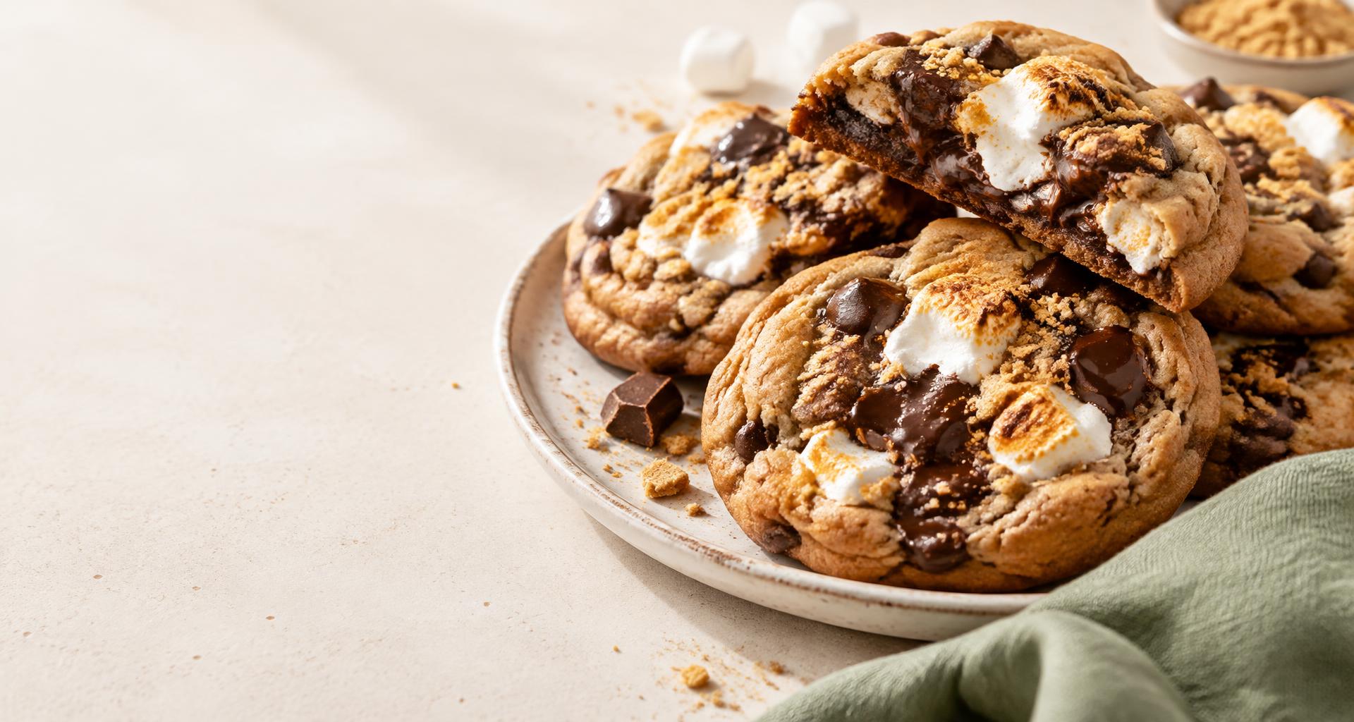Freshly baked chocolate cookies with toasted marshmallow and dark chocolate
